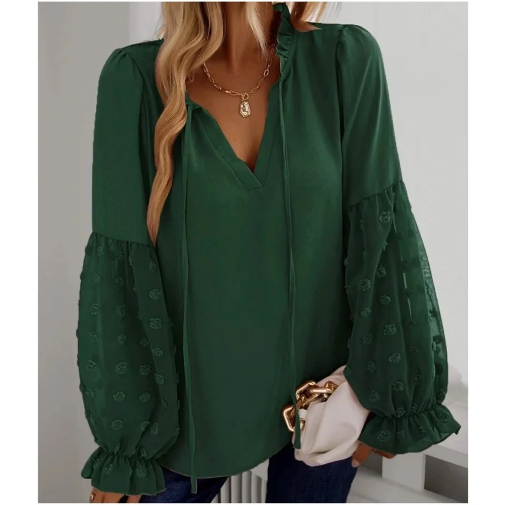 Boho Swiss Dot Sheer Sleeve Ruffle Blouse - Picture 11 of 14